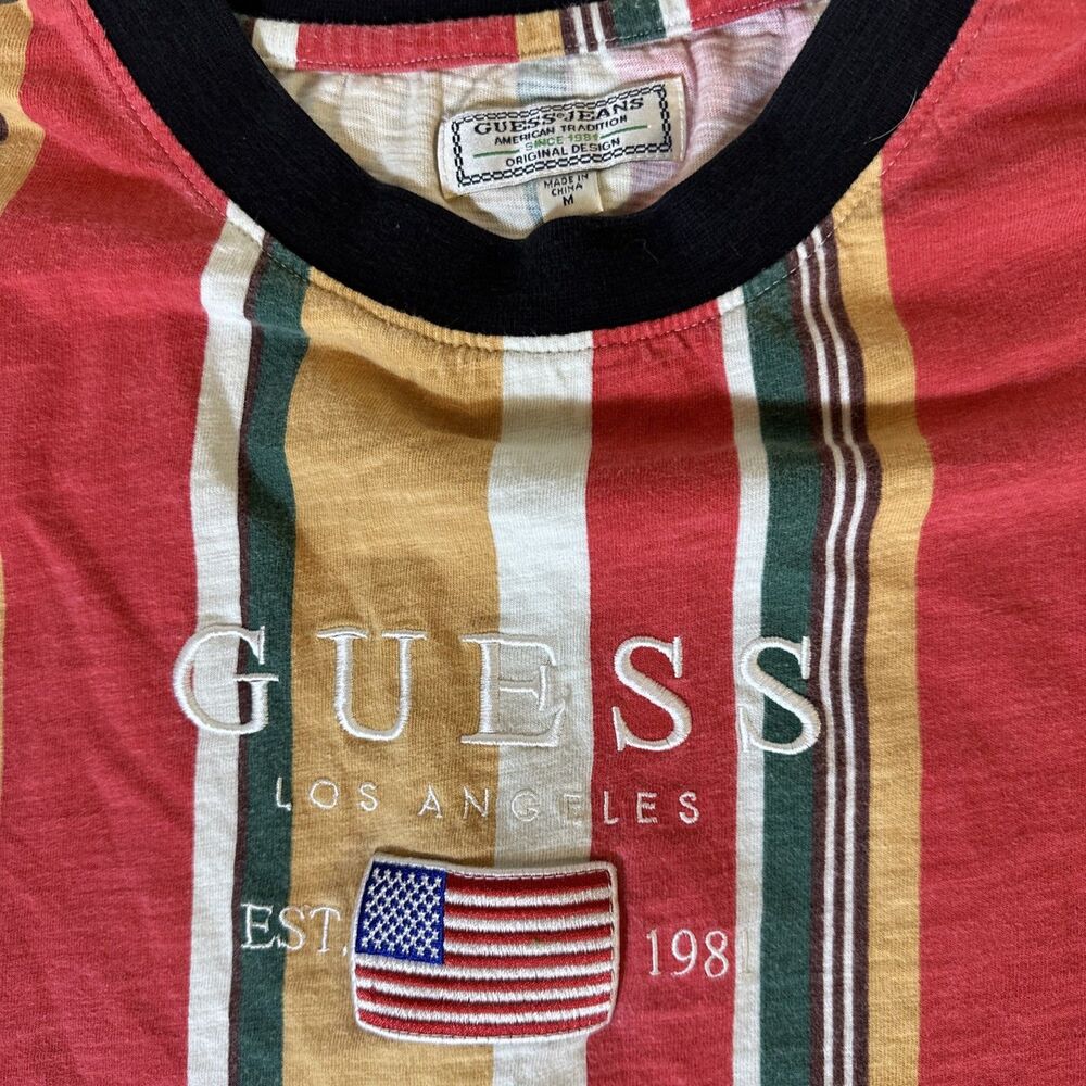 Guess Men’s Medium Stripe Crew T Shirt Tee American Flag Embroidered Y2K Era M - Picture 3 of 6